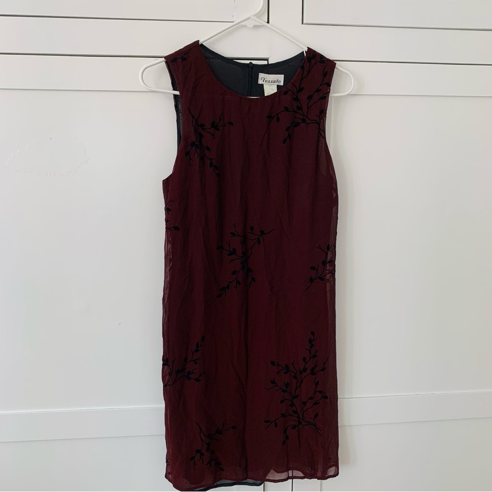 Vintage Tessuto Burgundy Black Floral Velvet Dress Size Small